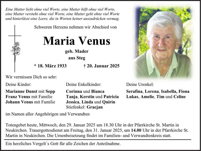 Traueranzeige Maria Venus