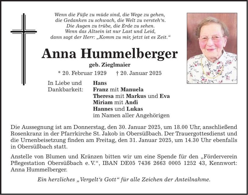 Traueranzeige Anna Hummelberger