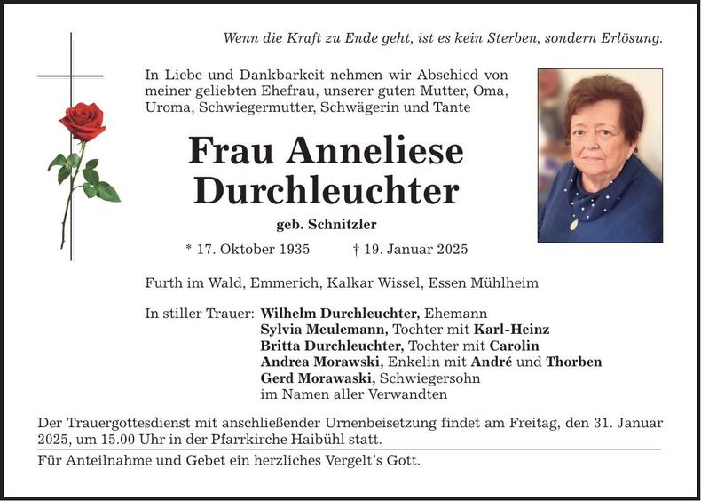 Traueranzeige Anneliese Durchleuchter