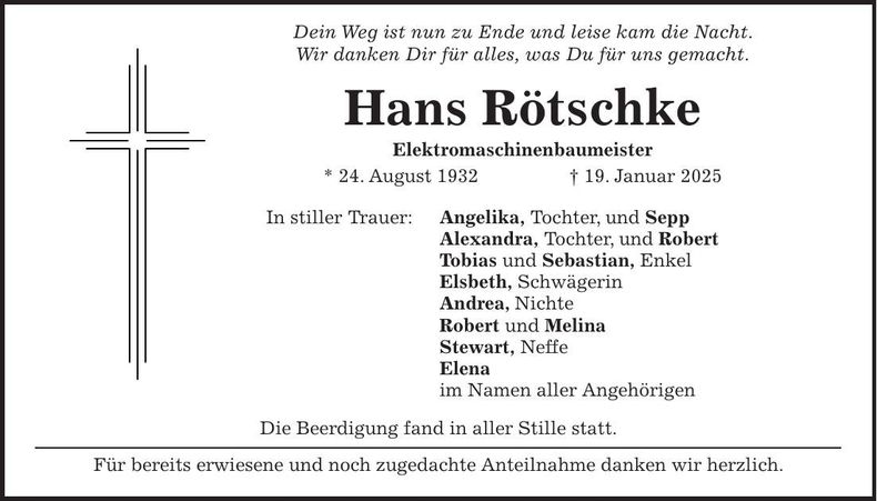 Traueranzeige Hans Rötschke