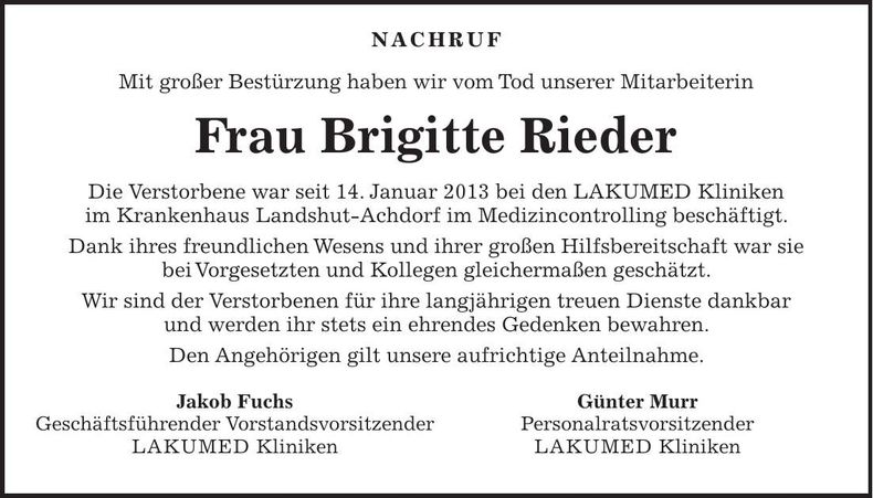 Traueranzeige Brigitte Rieder