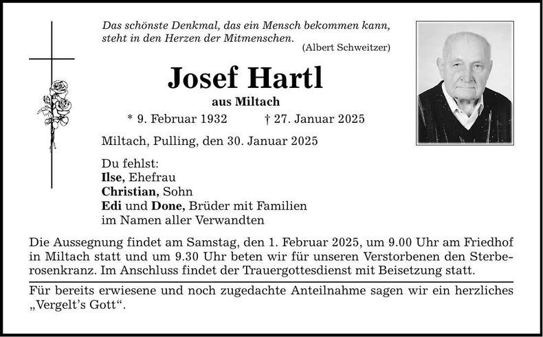 Traueranzeige Josef Hartl