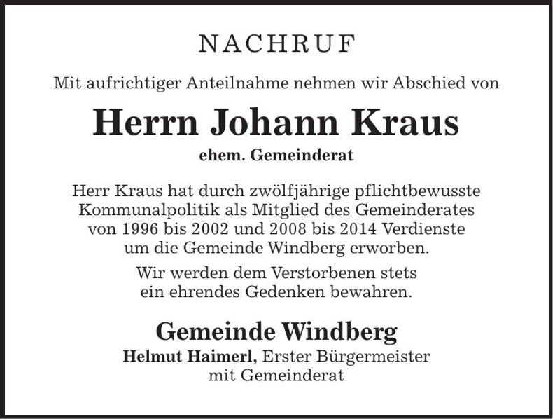 Traueranzeige Johann Kraus