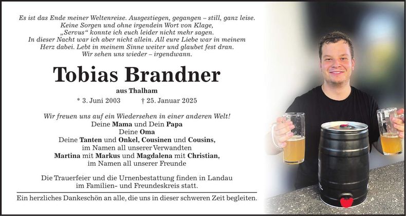 Traueranzeige Tobias Brandner
