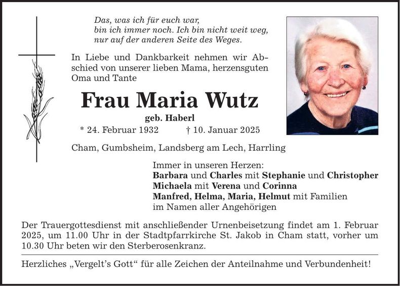 Traueranzeige Maria Wutz