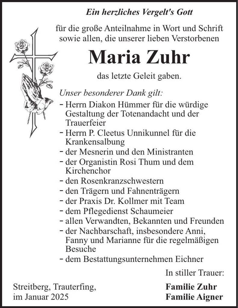 Traueranzeige Maria Zuhr