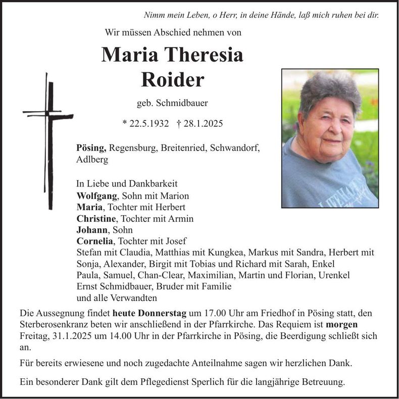 Traueranzeige Theresia Roider