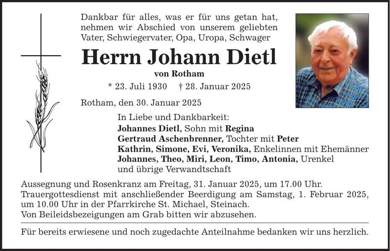 Traueranzeige Johann Dietl