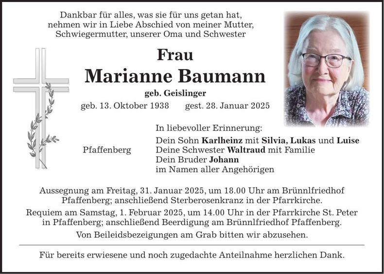 Traueranzeige Marianne Baumann