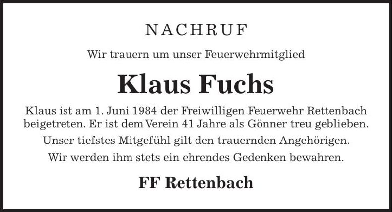 Traueranzeige Klaus Fuchs