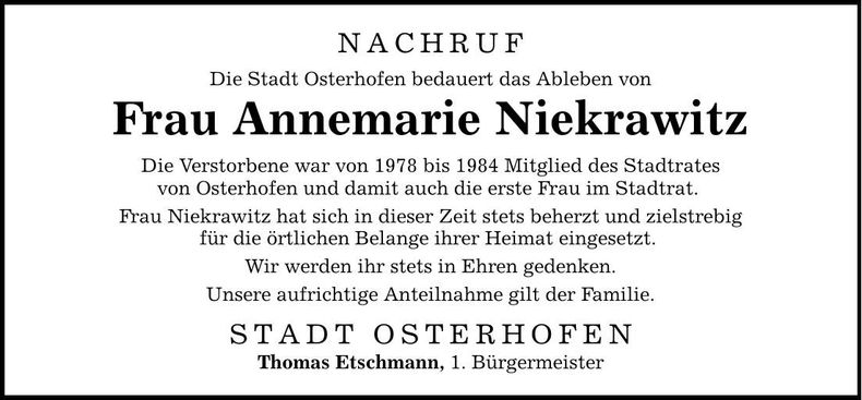 Traueranzeige Annemarie Niekrawitz