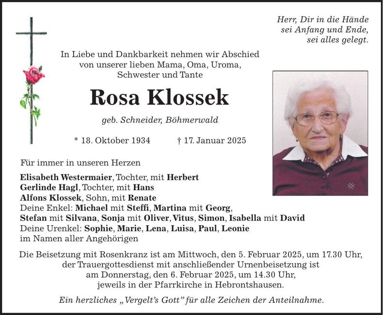 Traueranzeige Rosa Klossek