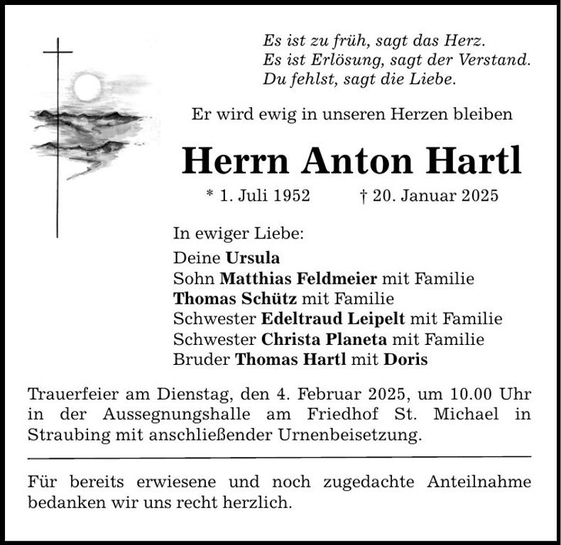 Traueranzeige Anton Hartl