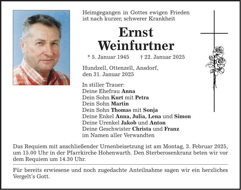 Traueranzeige Ernst Weinfurtner