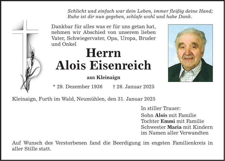 Traueranzeige Alois Eisenreich
