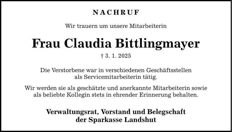 Traueranzeige Claudia Bittlingmayer