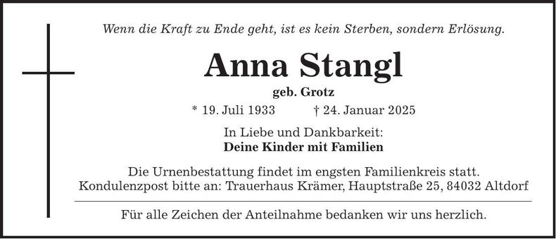 Traueranzeige Anna Stangl