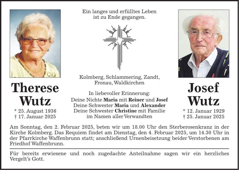 Traueranzeige Therese und Josef Wutz