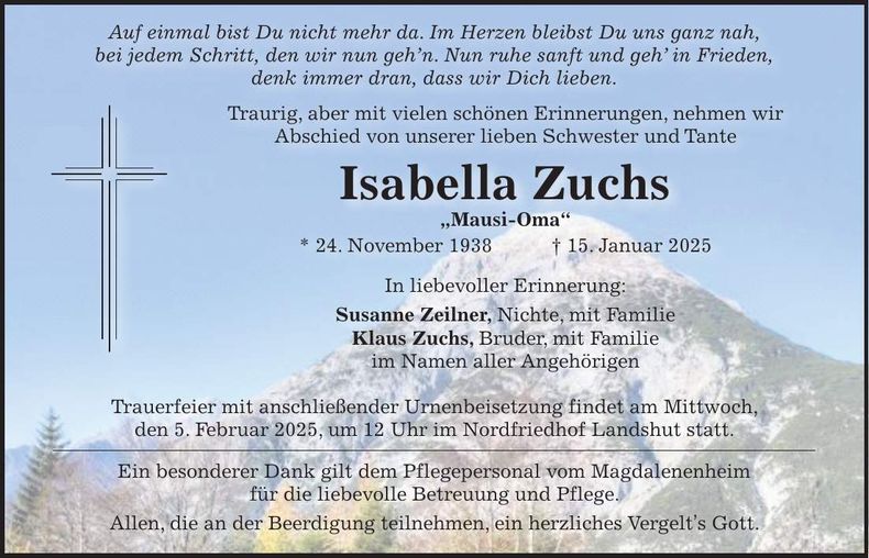 Traueranzeige Isabella Zuchs