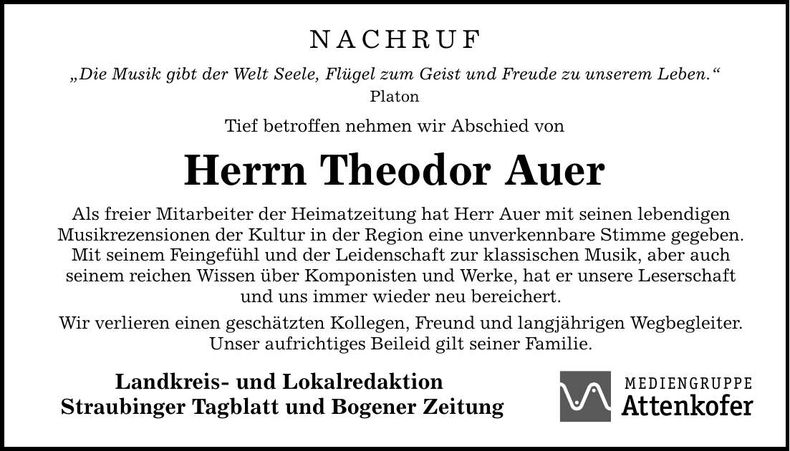 Traueranzeige Theodor Auer