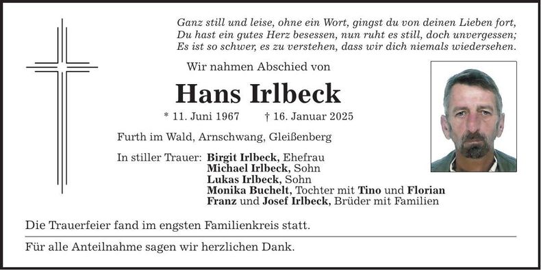 Traueranzeige Hans Irlbeck