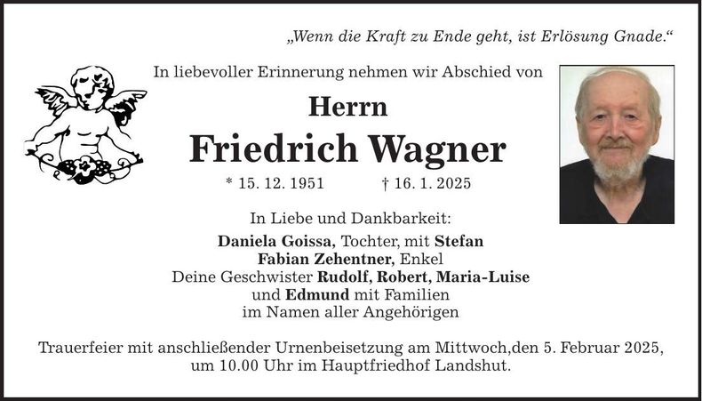 Traueranzeige Friedrich Wagner
