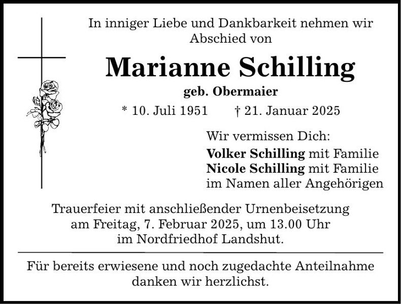 Traueranzeige Marianne Schilling