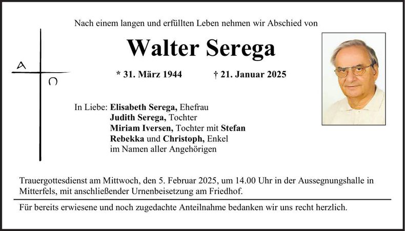Traueranzeige Walter Serega