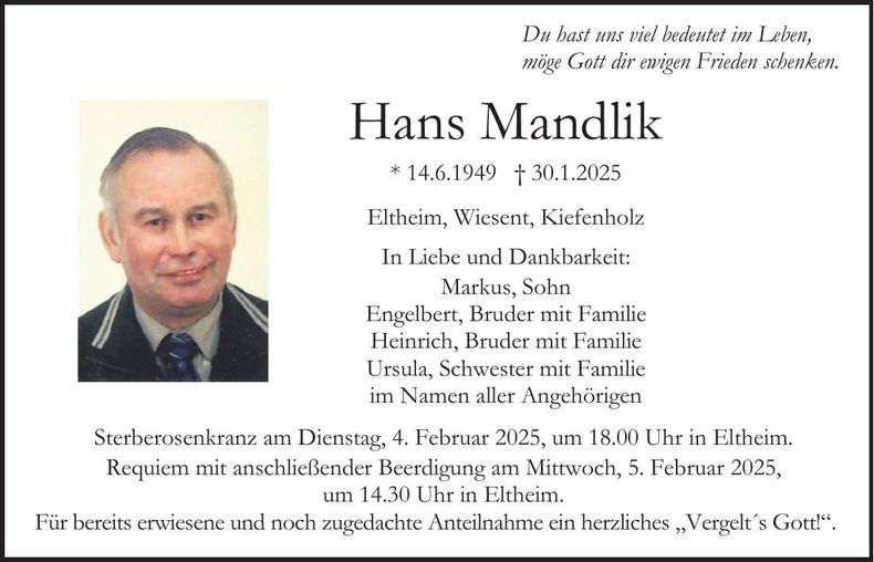 Traueranzeige Hans Mandlik
