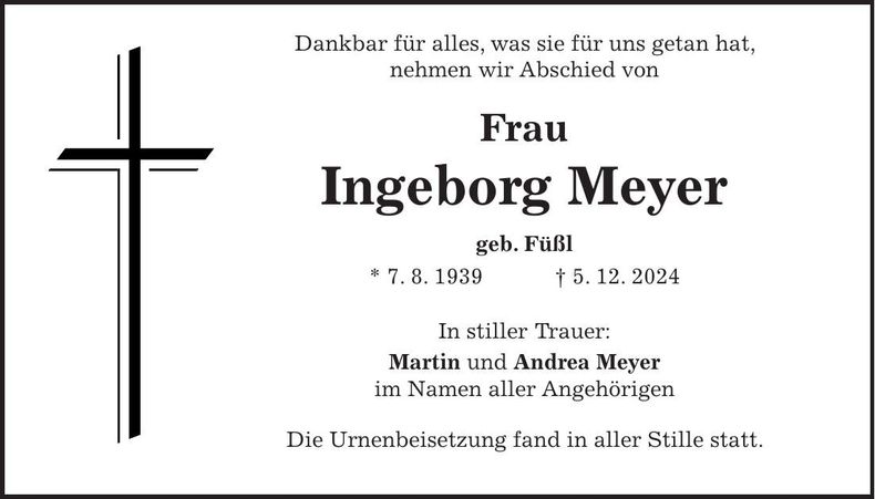 Traueranzeige Ingeborg Meyer