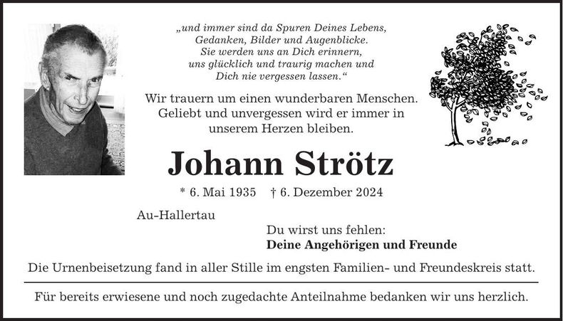 Traueranzeige Johann Strötz
