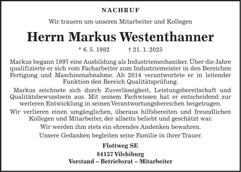 Traueranzeige Markus Westenthanner