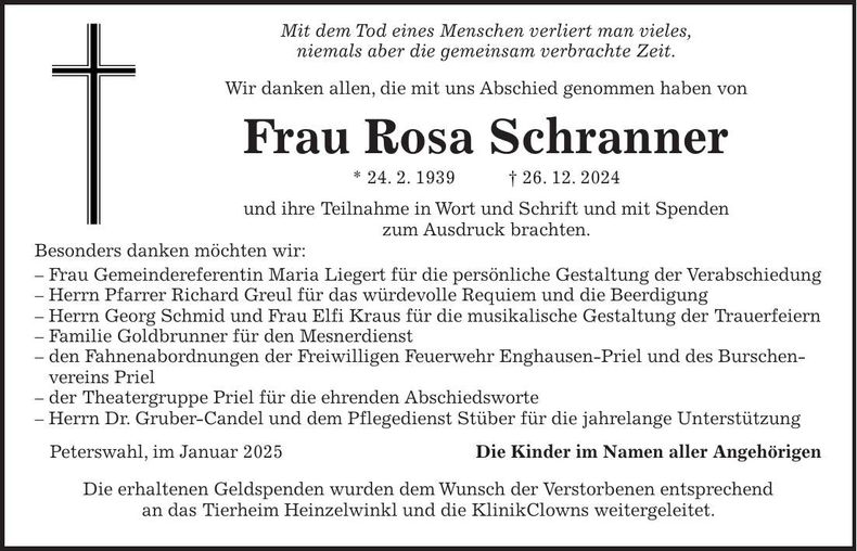 Traueranzeige Rosa Schranner
