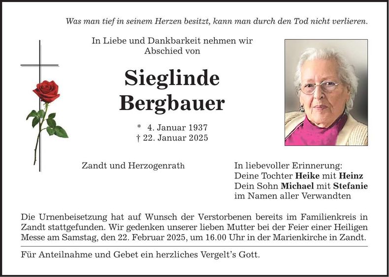 Traueranzeige Sieglinde Bergbauer
