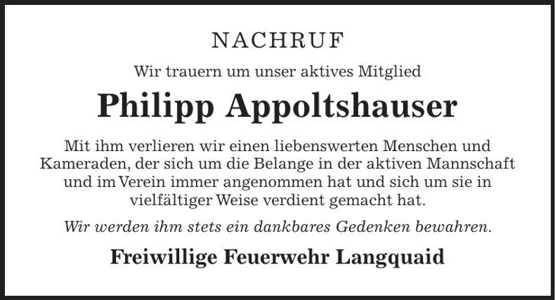 Traueranzeige Philipp Appoltshauer