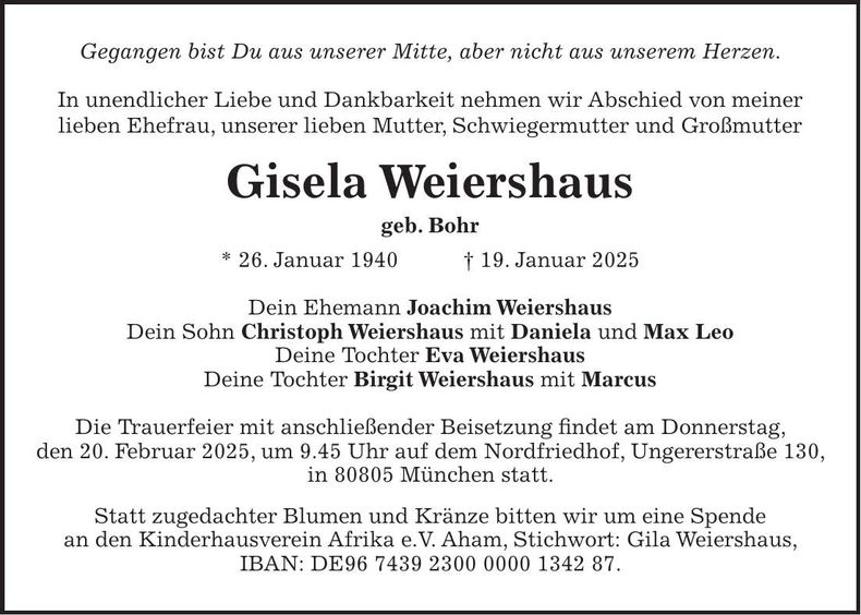 Traueranzeige Gisela Weiershaus