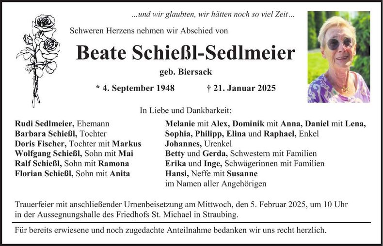 Traueranzeige Beate Schießl-Sedlmeier