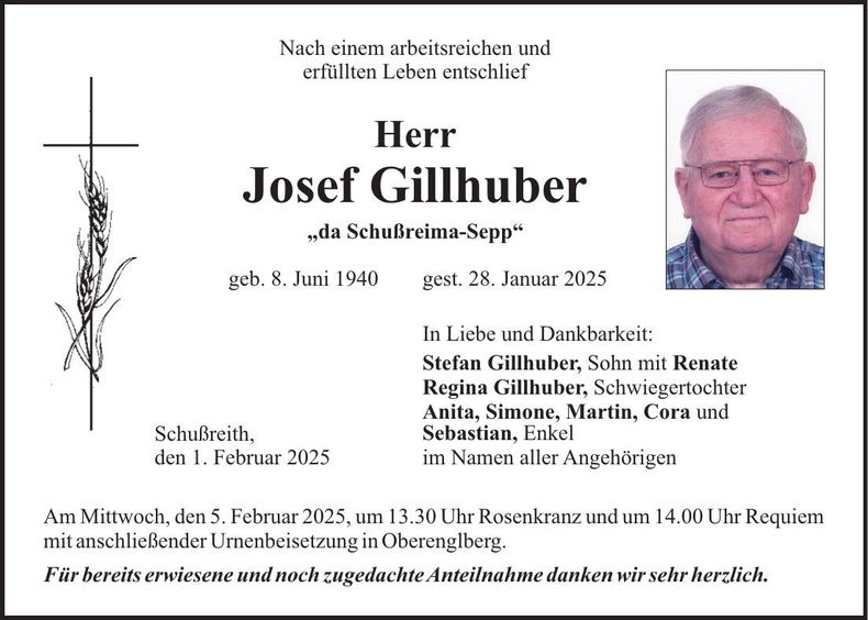 Traueranzeige Josef Gillhuber
