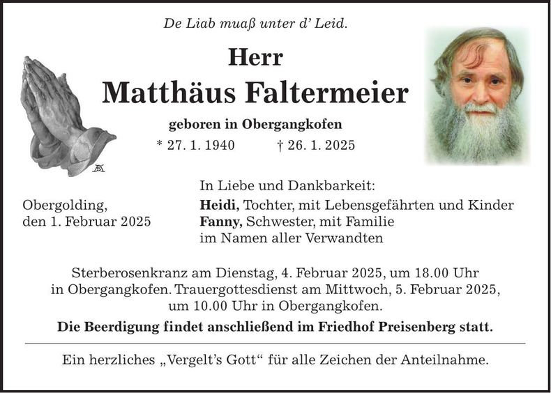 Traueranzeige Matthäus Faltermeier
