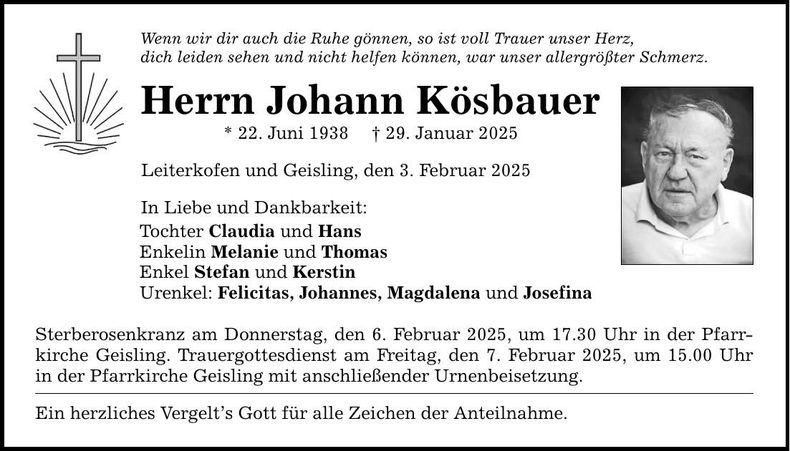 Traueranzeige Johann Kösbauer