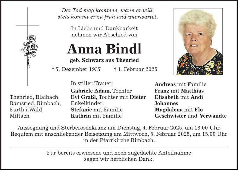 Traueranzeige Anna Bindl