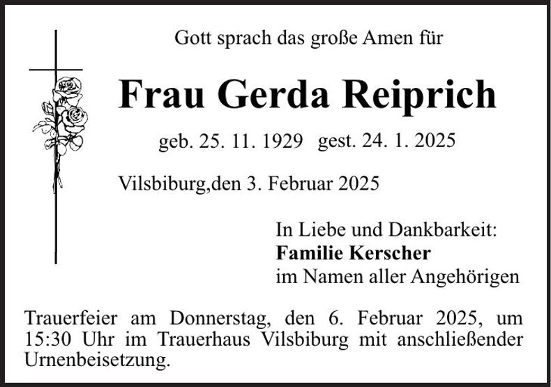 Traueranzeige Gerda Reiprich
