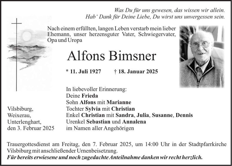 Traueranzeige Alfons Bimsner
