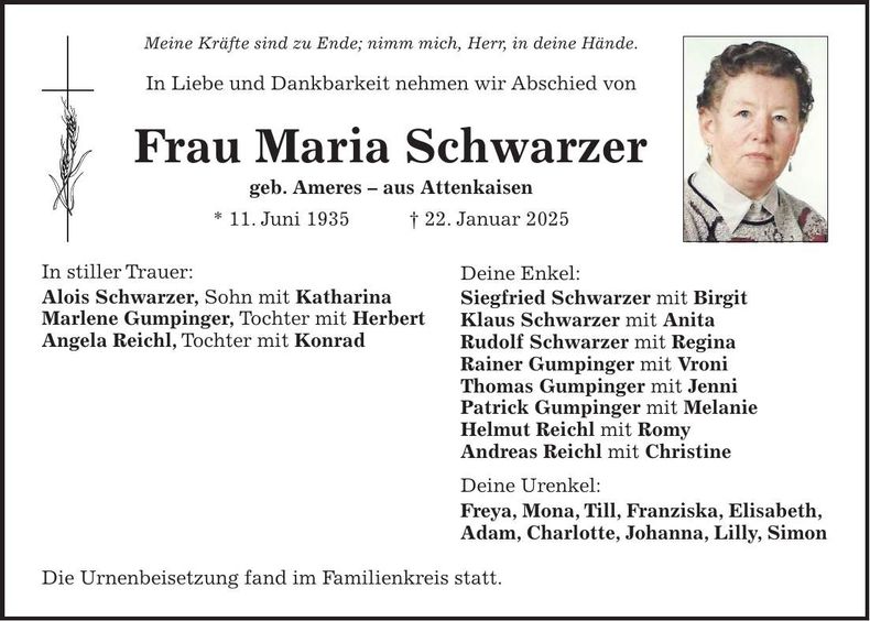 Traueranzeige Maria Schwarzer