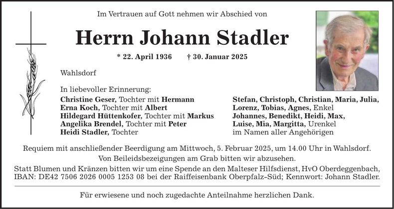 Traueranzeige Johann Stadler