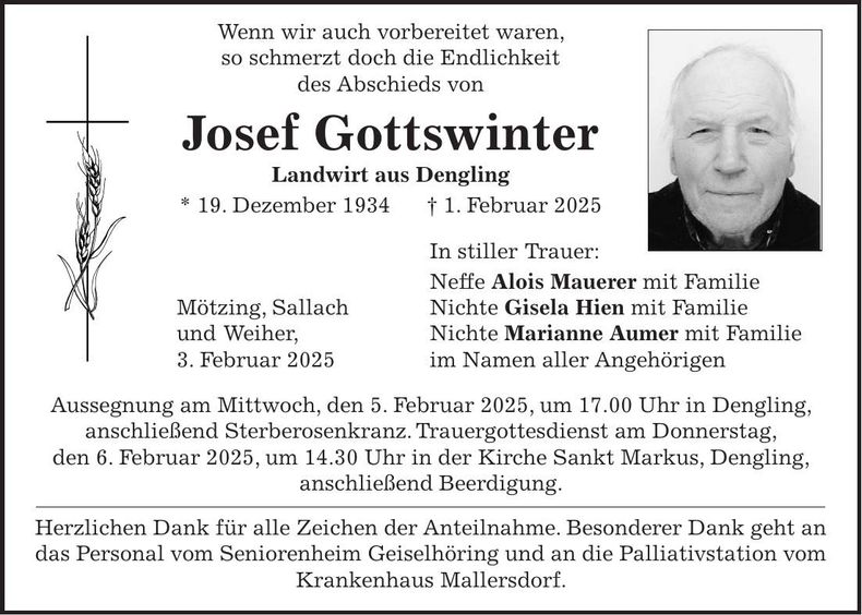 Traueranzeige Josef Gottswinter