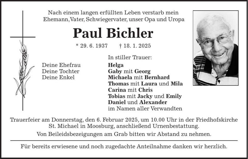 Traueranzeige Paul Bichler