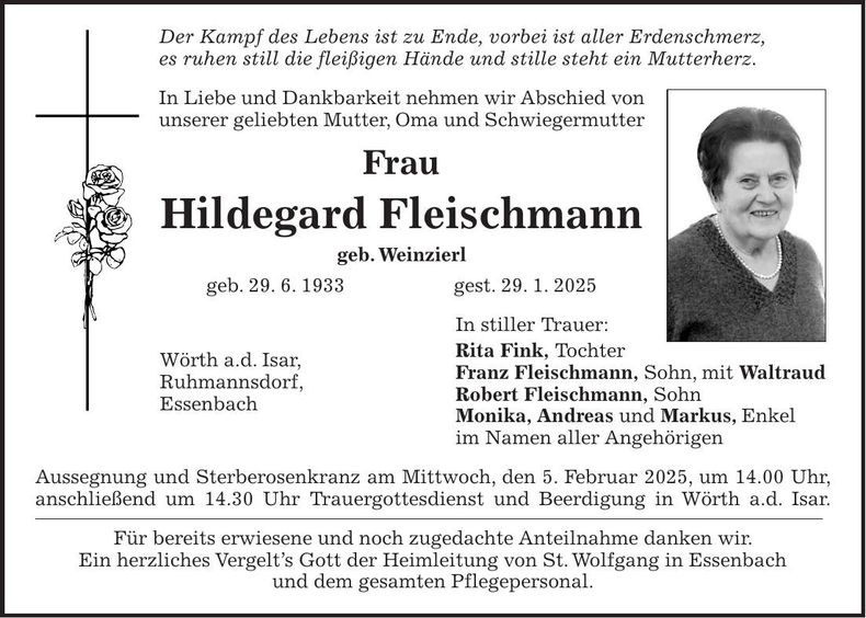 Traueranzeige Hildegard Fleischmann