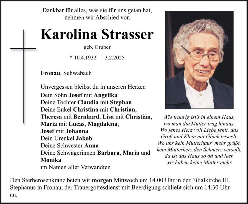 Traueranzeige Karolina Strasser
