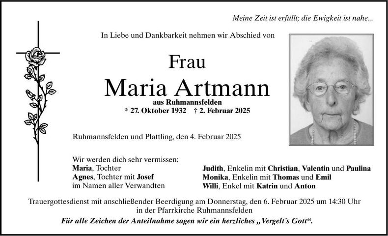 Traueranzeige Maria Artmann
